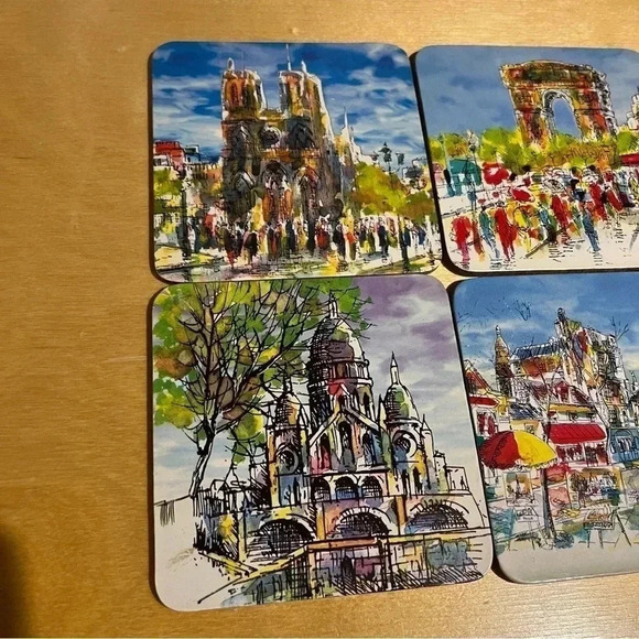 Paris France Scenic Scenes Coasters Illustrated Colorful Eiffel Tower Set Of 6 - Picture 2 of 7